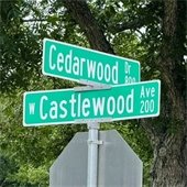 Street sign for Castlewood Ave. and Cedarwood Dr.