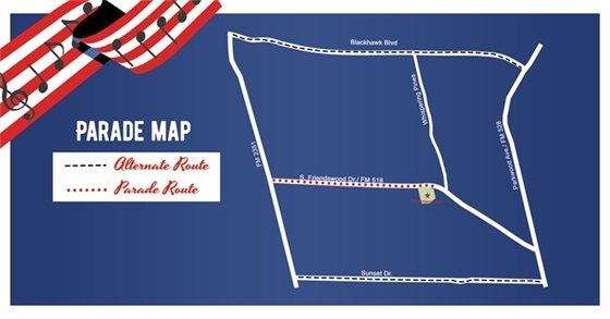 Parade route map with alternate traffic routes on Sunset and Blackhawk