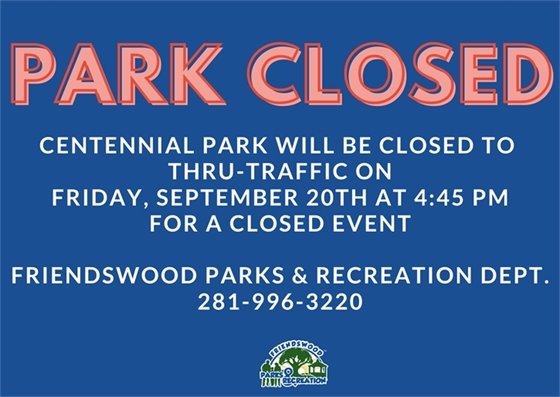 Centennial Park Closed September 20 for closed event
