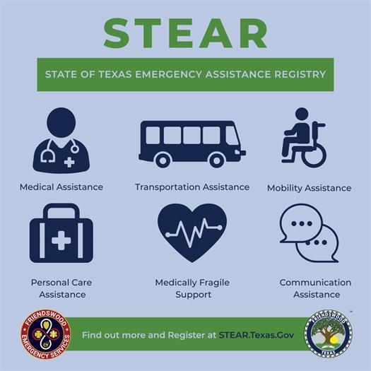 STEAR- State of Texas emergency assistance registry, Medical Assistance, Transportation Assistance, Mobility Assistance, Personal Care Assistance, Medically Fragile Support, and Communication Assistance. Find out more and Register at STEAR.Texas.Gov.