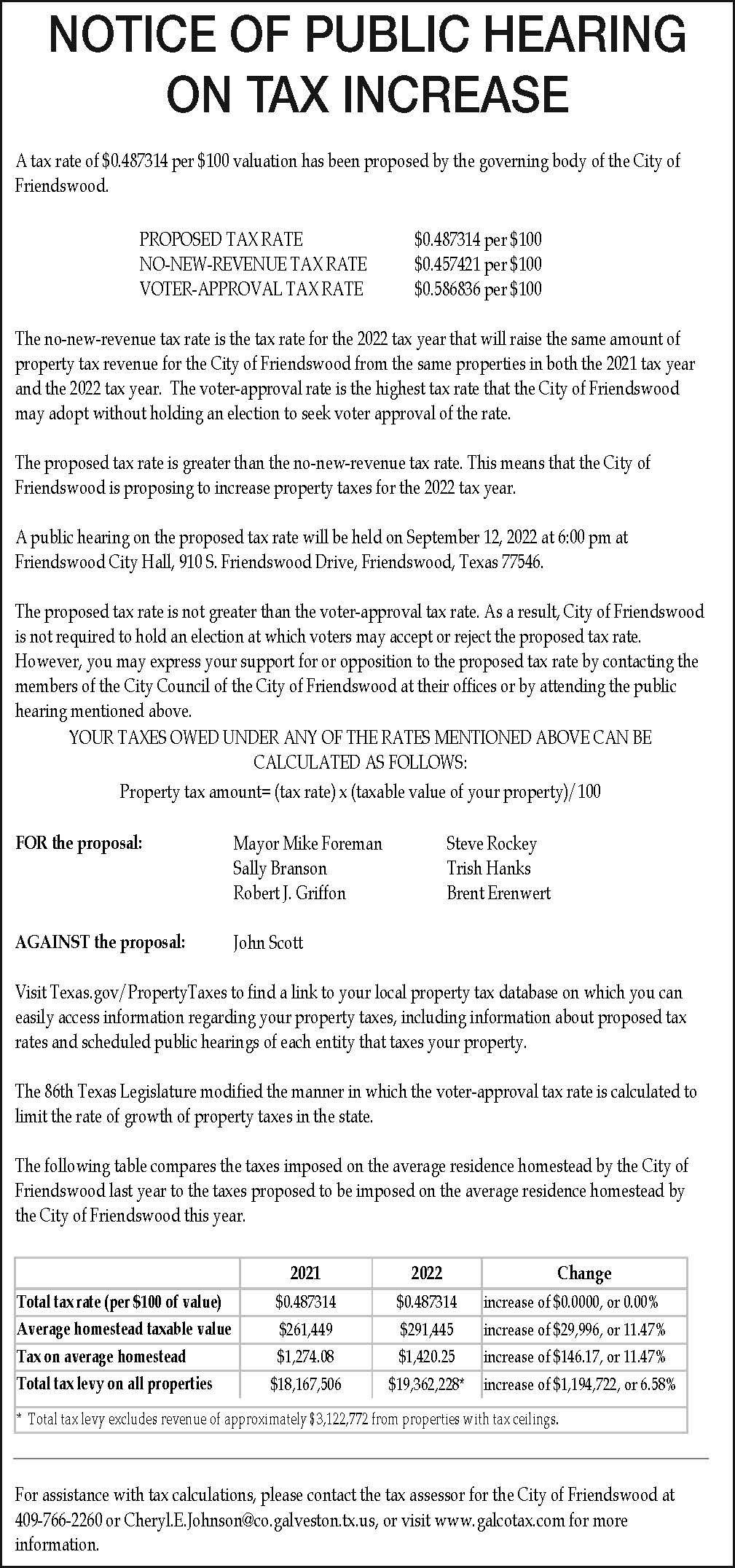 Notice of Public Hearing on Tax Increase